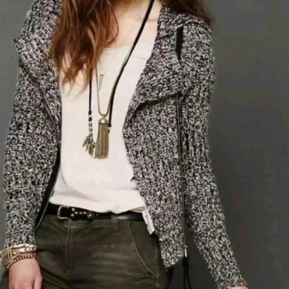 Free People Moto Side Asymetrical Zip Cardigan tweed Jacket Size M
